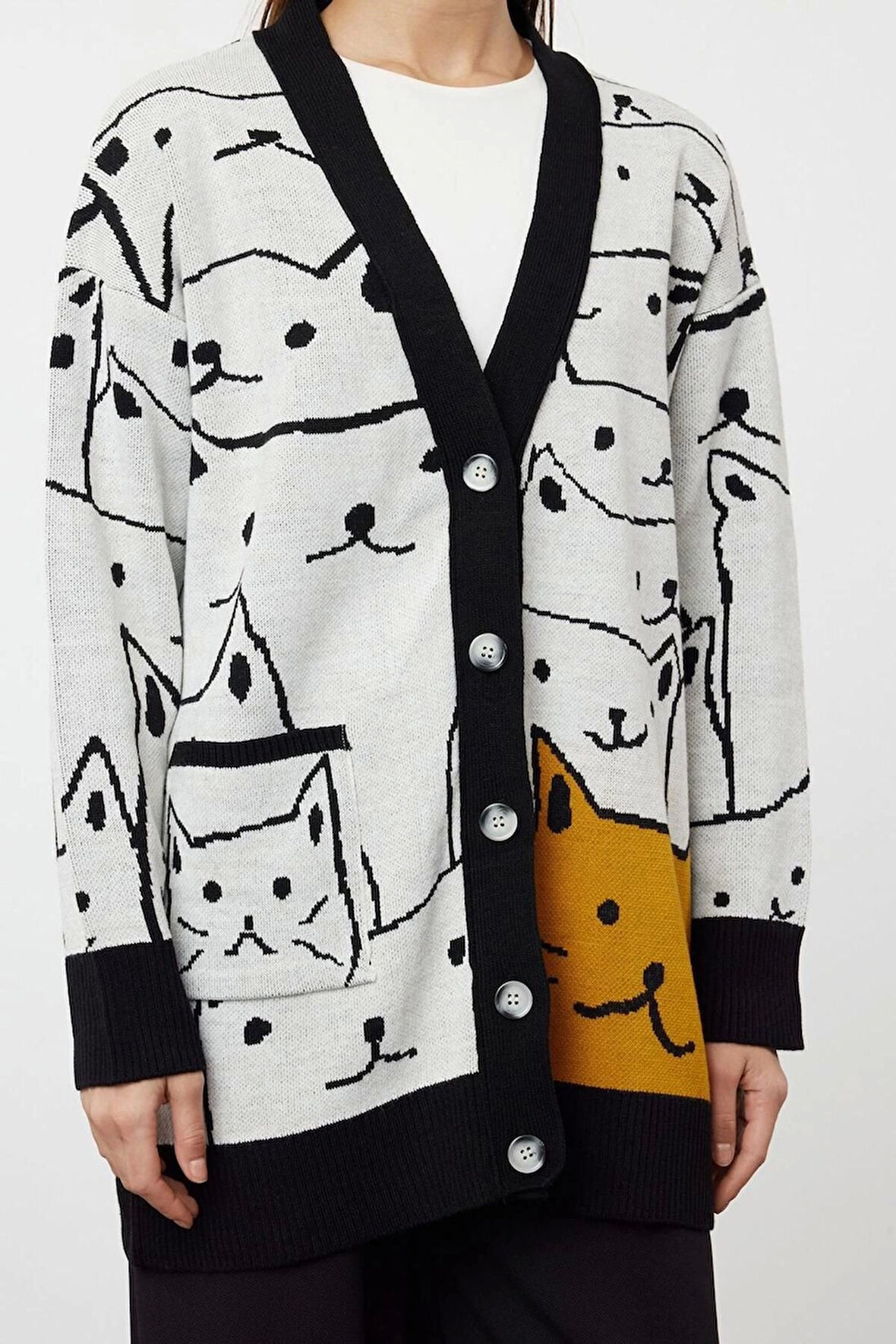 Kadın Moda Şık Tesettür Midi V Yaka Relaxed İndigo Animal Desenli Triko Hırka