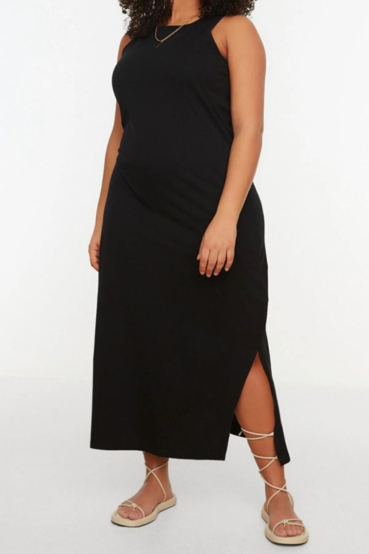 Yeni Slim Casual Günlük Süprem Örme Bisiklet Yaka Kolsuz Kol Shift Midi Boy Büyük Beden Elbise