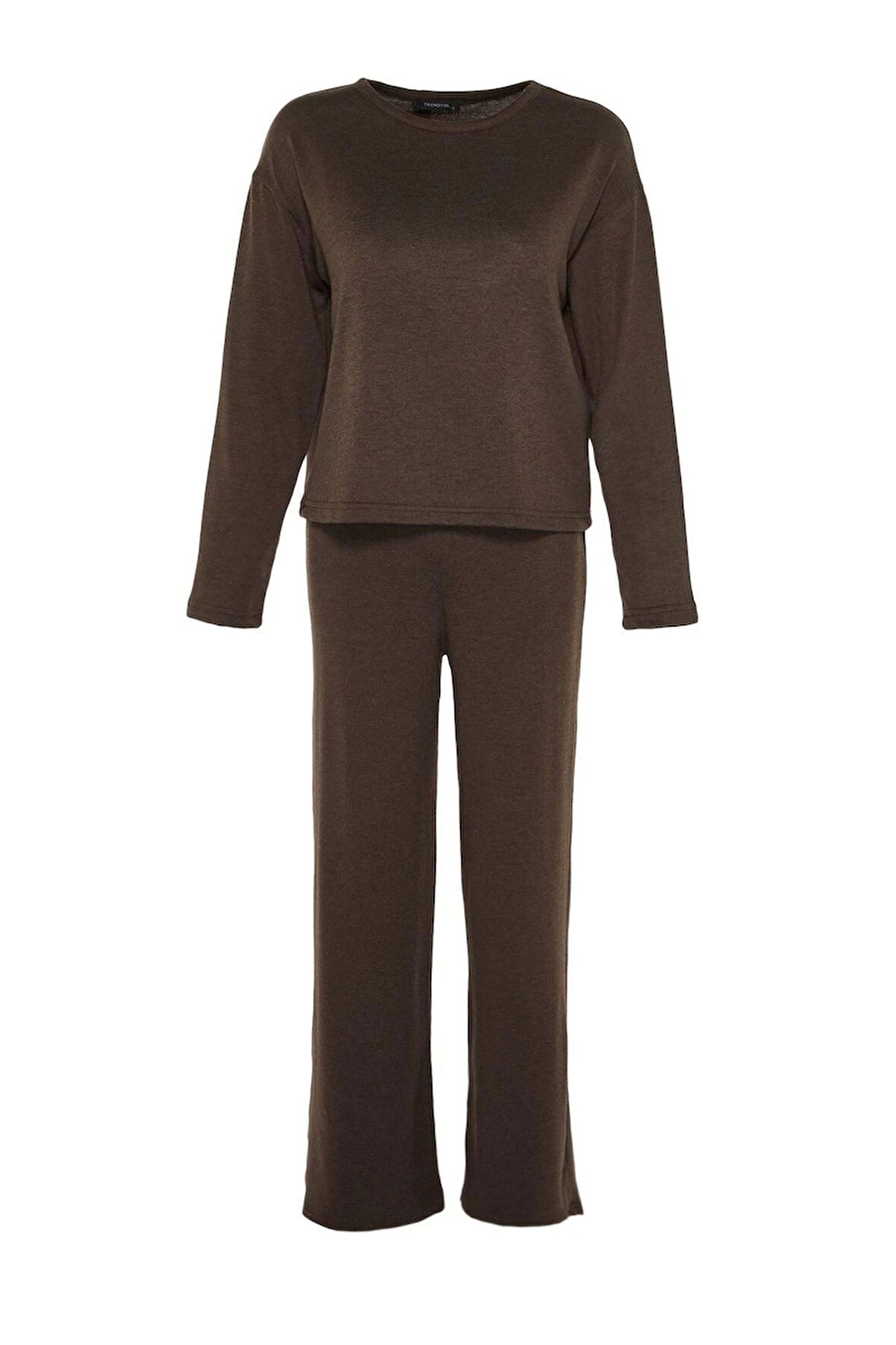 Kadın Moda Şık Bisiklet Yaka Geniş Paça Uzun Kol Fitilli Örme Pijama Takımı
