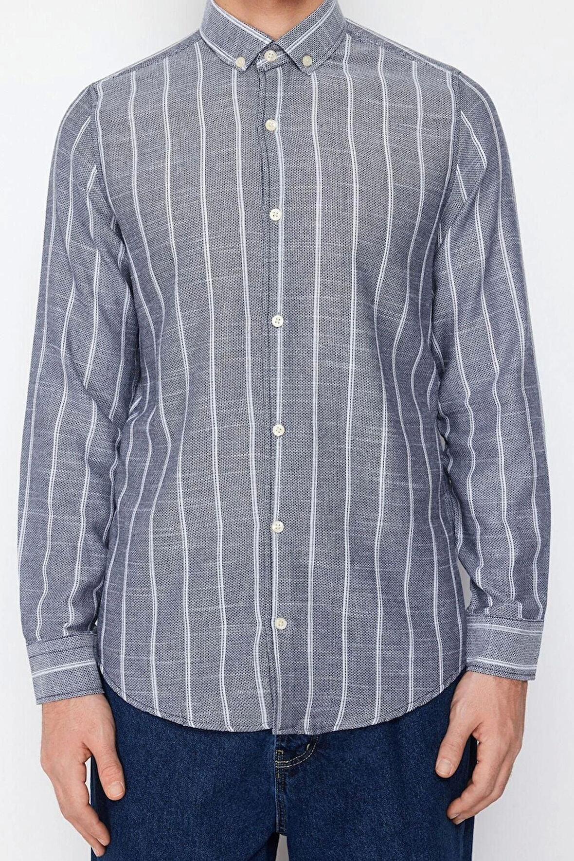 Erkek Moda Uzun Kol Dokuma Açık Haki Slim Fit Çizgili Gömlek