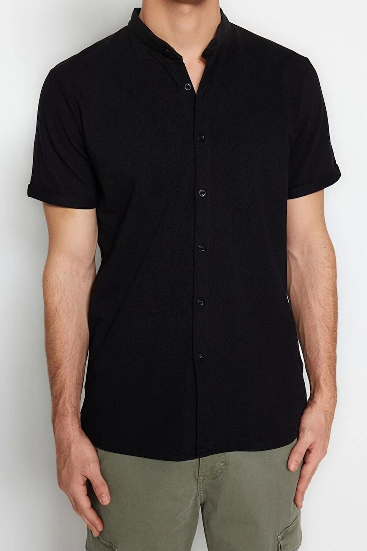Erkek Moda Kısa Kol Örme Mint Slim Fit Hakim Yaka  Örme Pike Yazlık Gömlek