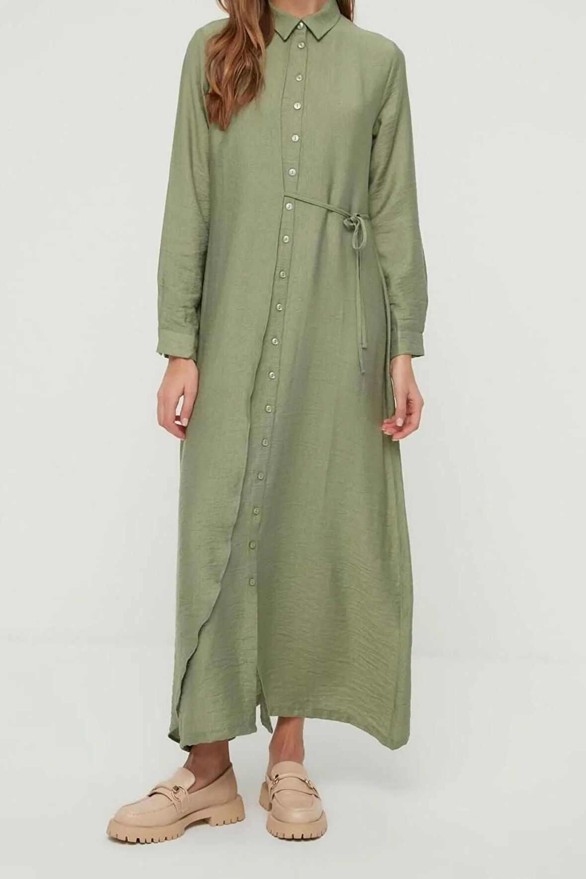 Yeni Regular Günlük Keten Aerobin Dokuma Ceket Yaka Uzun Kol Gömlek Elbise Maxi Boy Tesettür Elbise