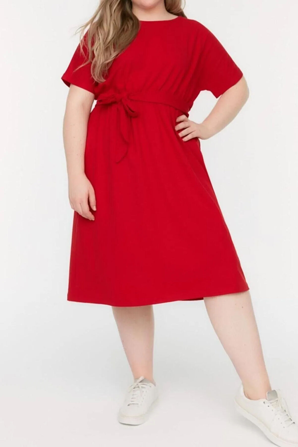 Yeni Rahat Business Süprem Örme Bisiklet Yaka Kısa Kol A-Line Mini Boy Büyük Beden Elbise