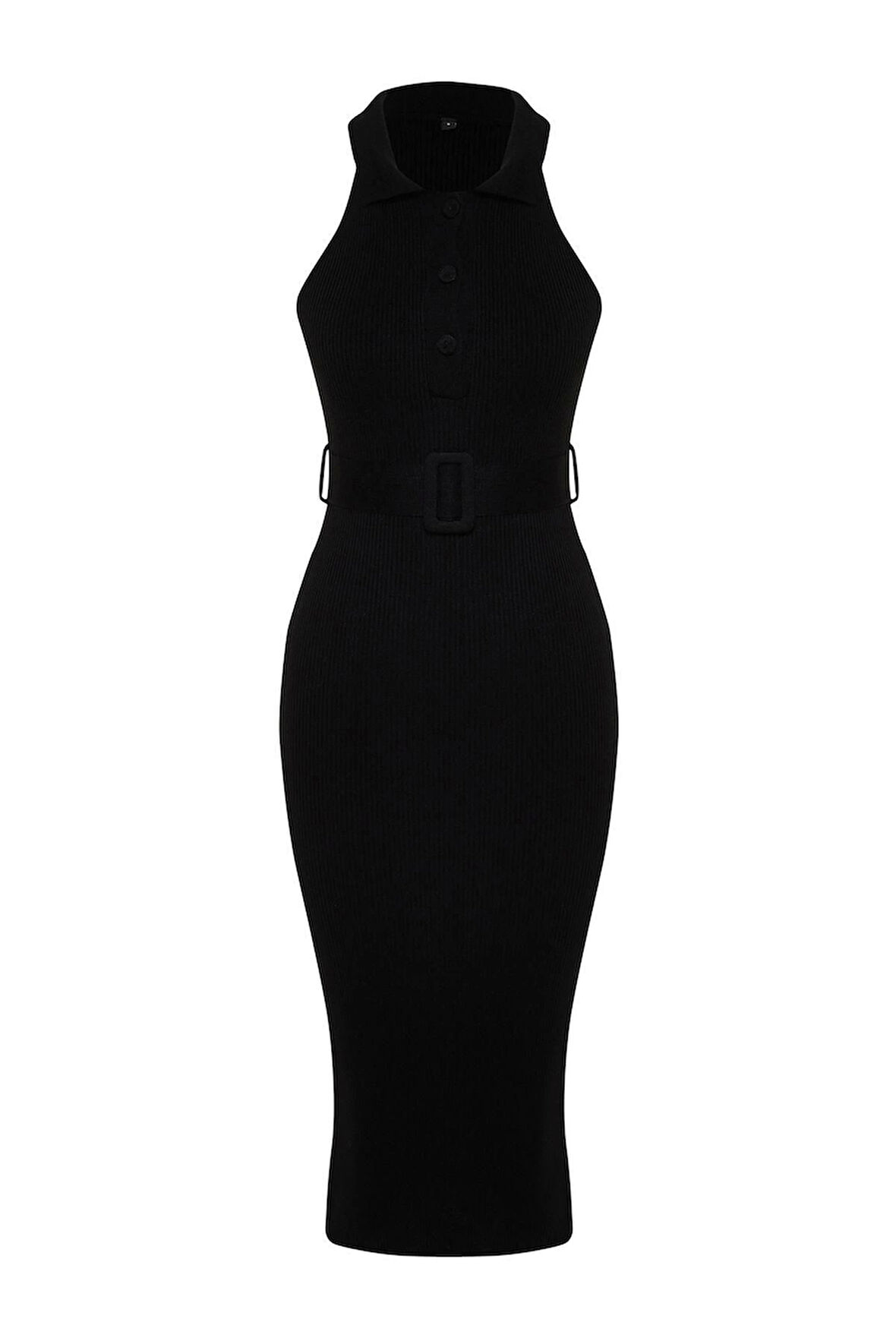 Yeni Slim Casual Günlük Çift Plaka Triko Polo Yaka Kolsuz Kol Bodycone Midi Boy Elbise