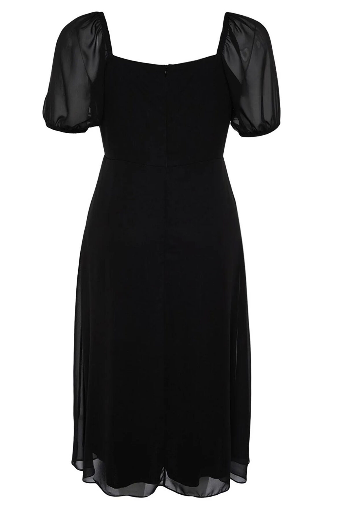 Yeni Fit Casual Günlük Şifon Dokuma Kare Yaka Kısa Kol A-Line Midi Boy Büyük Beden Elbise