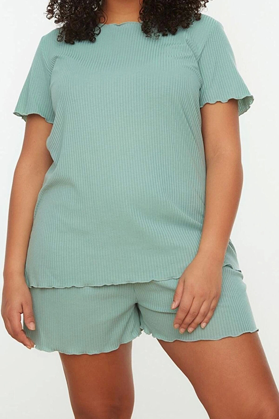 Büyük Beden Kadın Polyester Karışımlı Bisiklet Yaka Kısa Kol Örme Pijama Takımı