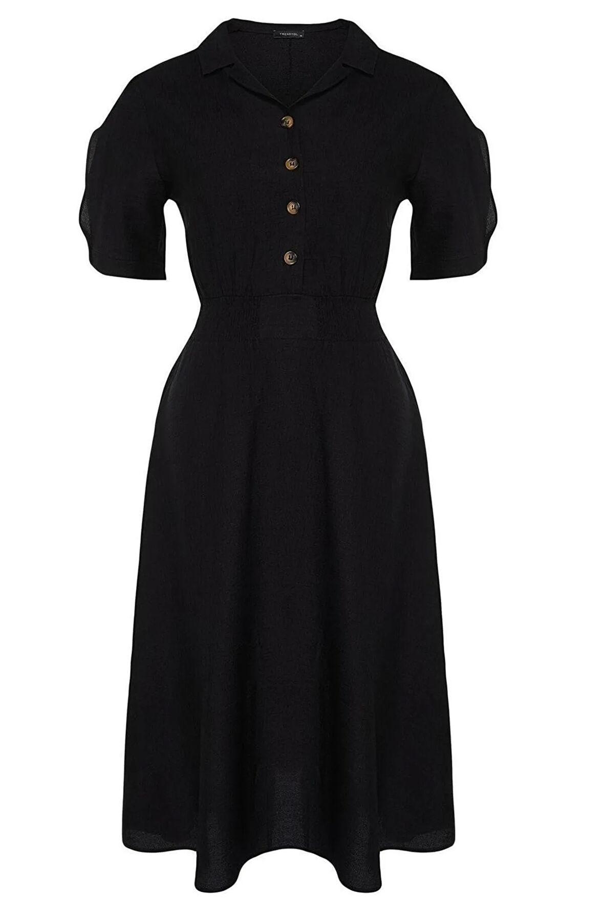 Yeni Rahat Casual Günlük Aerobin Dokuma Gömlek Yaka Kısa Kol A-Line Midi Boy Büyük Beden Elbise