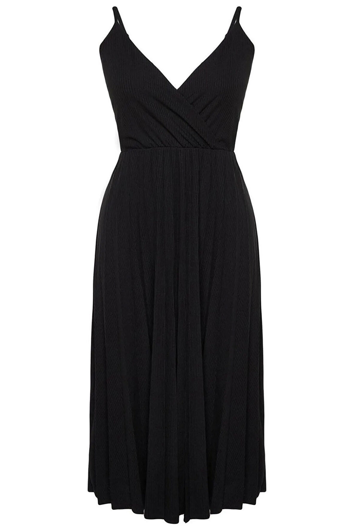 Yeni Rahat Casual Günlük Kaşkorse Örme Kruvaze Askılı Kol A-Line Midi Boy Büyük Beden Elbise