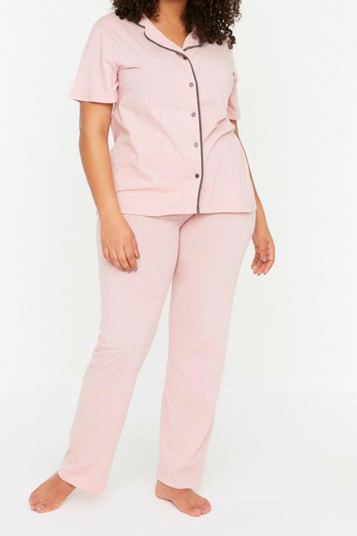 Büyük Beden Kadın Polyester Gömlek Yaka Kısa Kol Gömlek Yaka Biyeli Örme Pijama Takımı