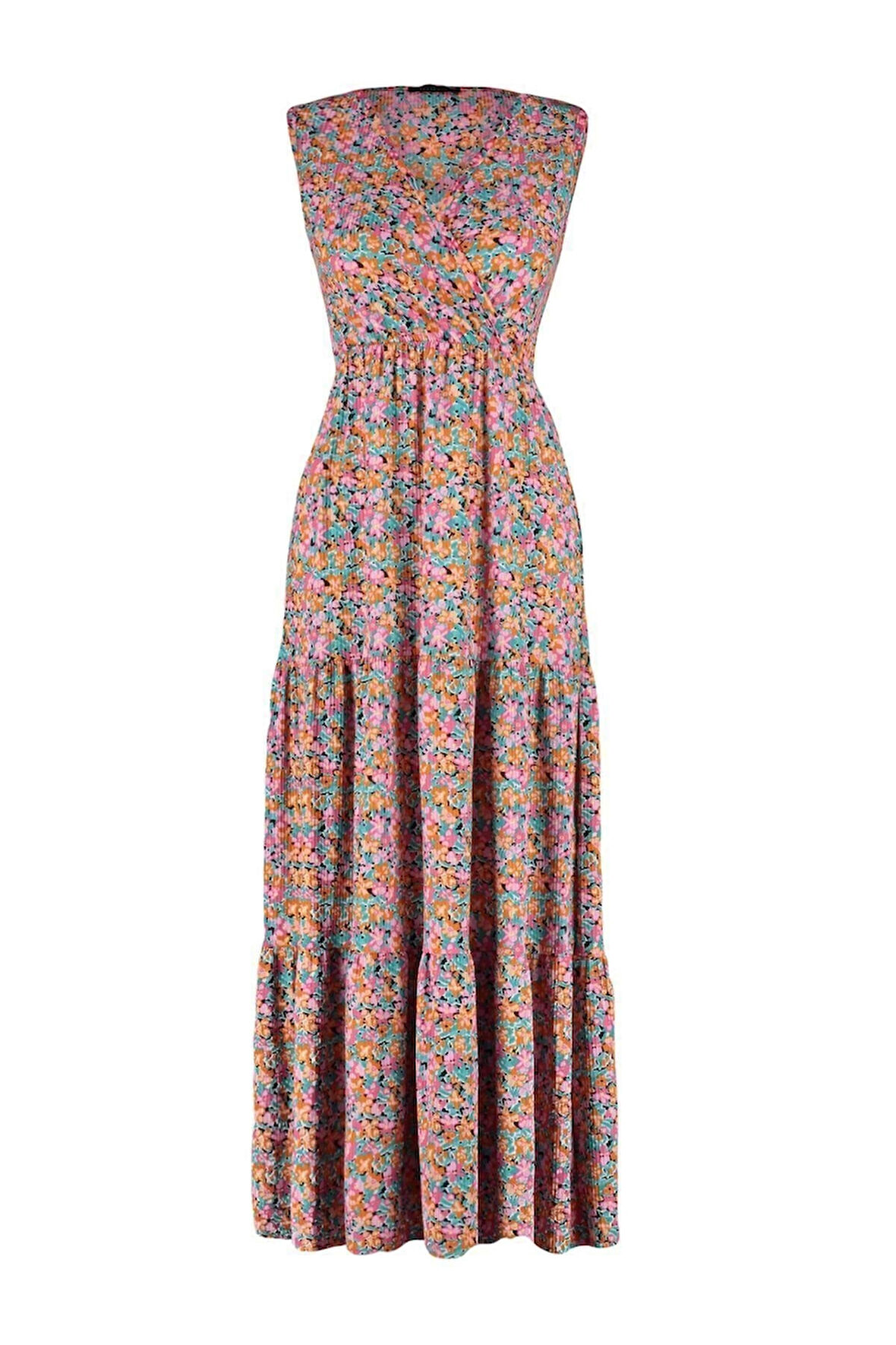 Yeni Regular Casual Günlük Polyester Kaşkorse Örme V Yaka Kolsuz Kol A-Line Maxi Boy Elbise