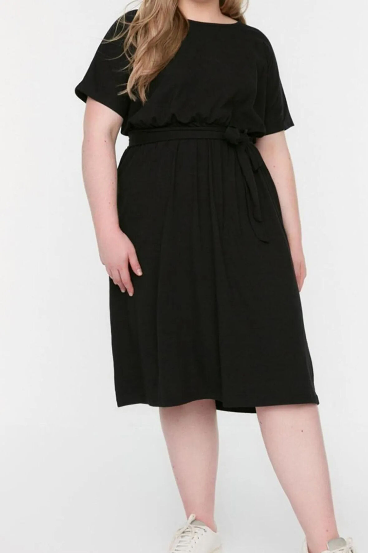 Yeni Rahat Business Süprem Örme Bisiklet Yaka Kısa Kol A-Line Mini Boy Büyük Beden Elbise