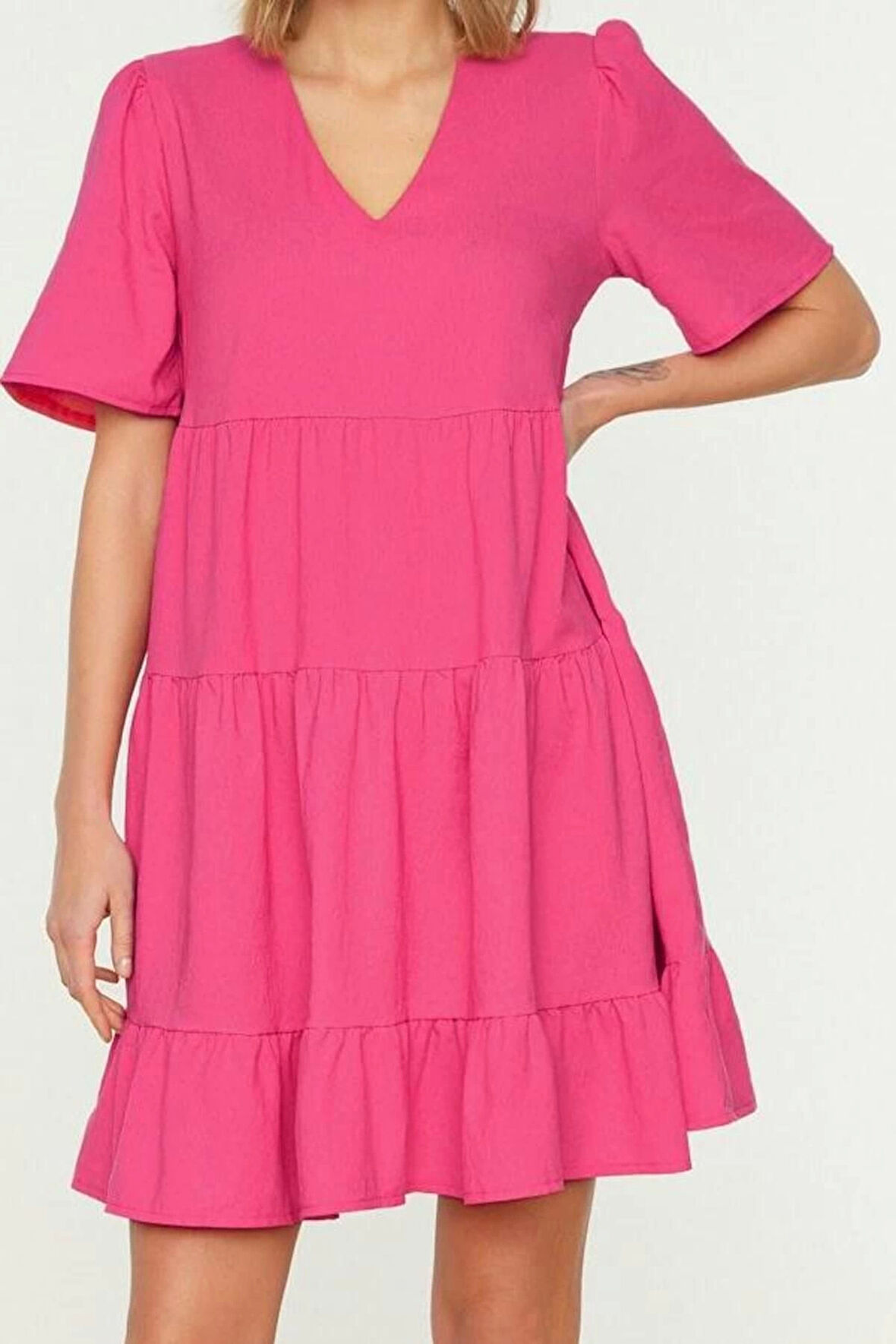 Kadın Moda Şık Mini Boy V Yaka Regular Geniş Kesim Dokuma Elbise