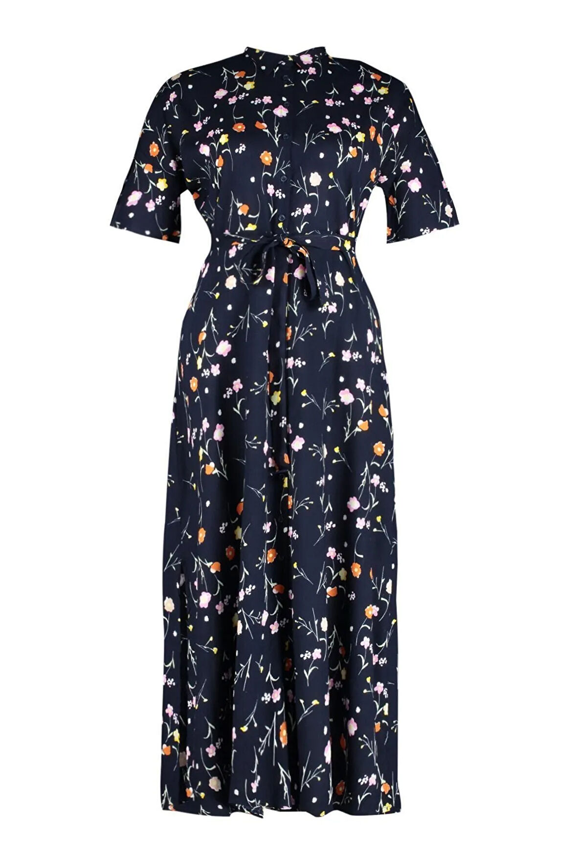 Yeni Rahat Casual Günlük Viskon Dokuma Gömlek Yaka Kısa Kol A-Line Maxi Boy Büyük Beden Elbise