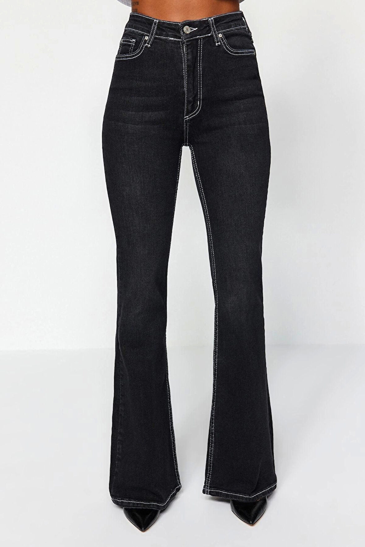 Kadın Moda Şık Kot Pantolon İspanyol Paça Uzun Boy Denim Yüksek Bel Jeans