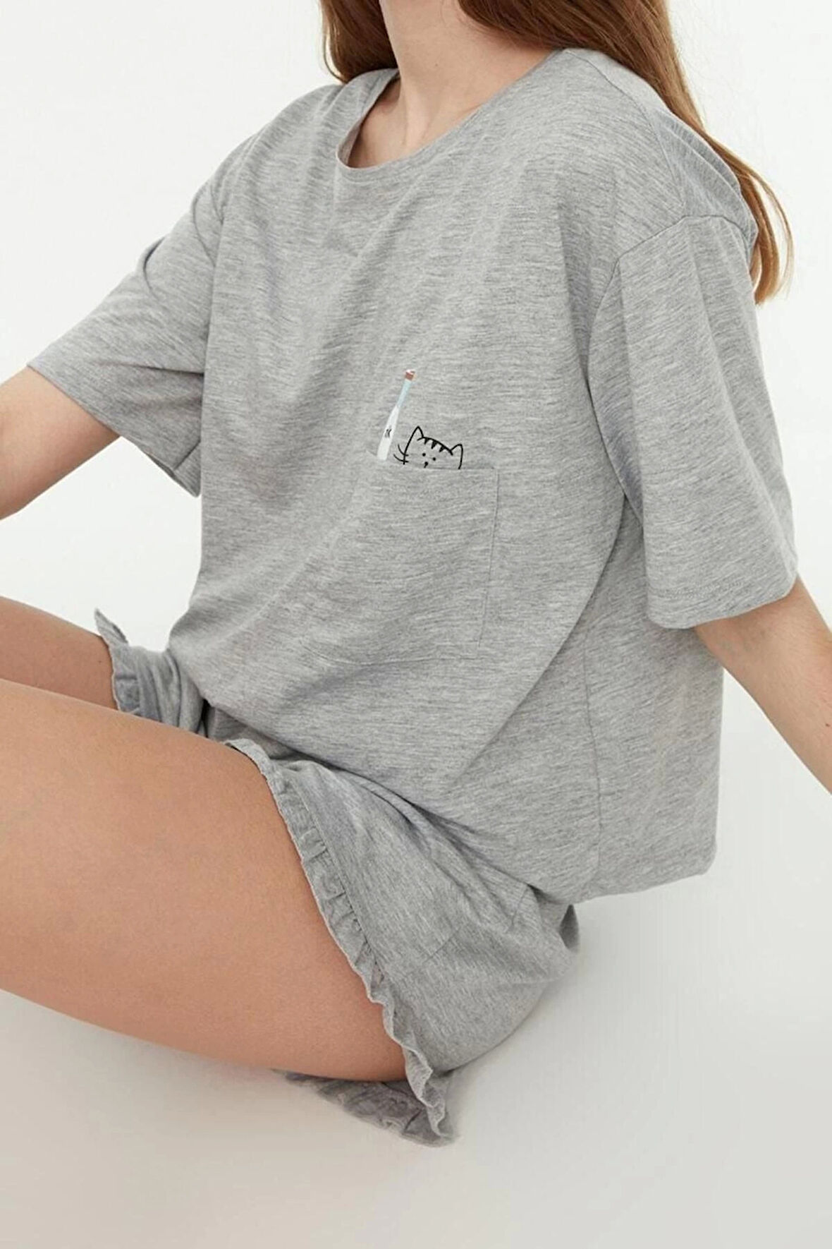 Kadın Pamuklu Bisiklet Yaka Kısa Kol Pamuklu Baskılı T-shirt-Şort Örme Pijama Takımı