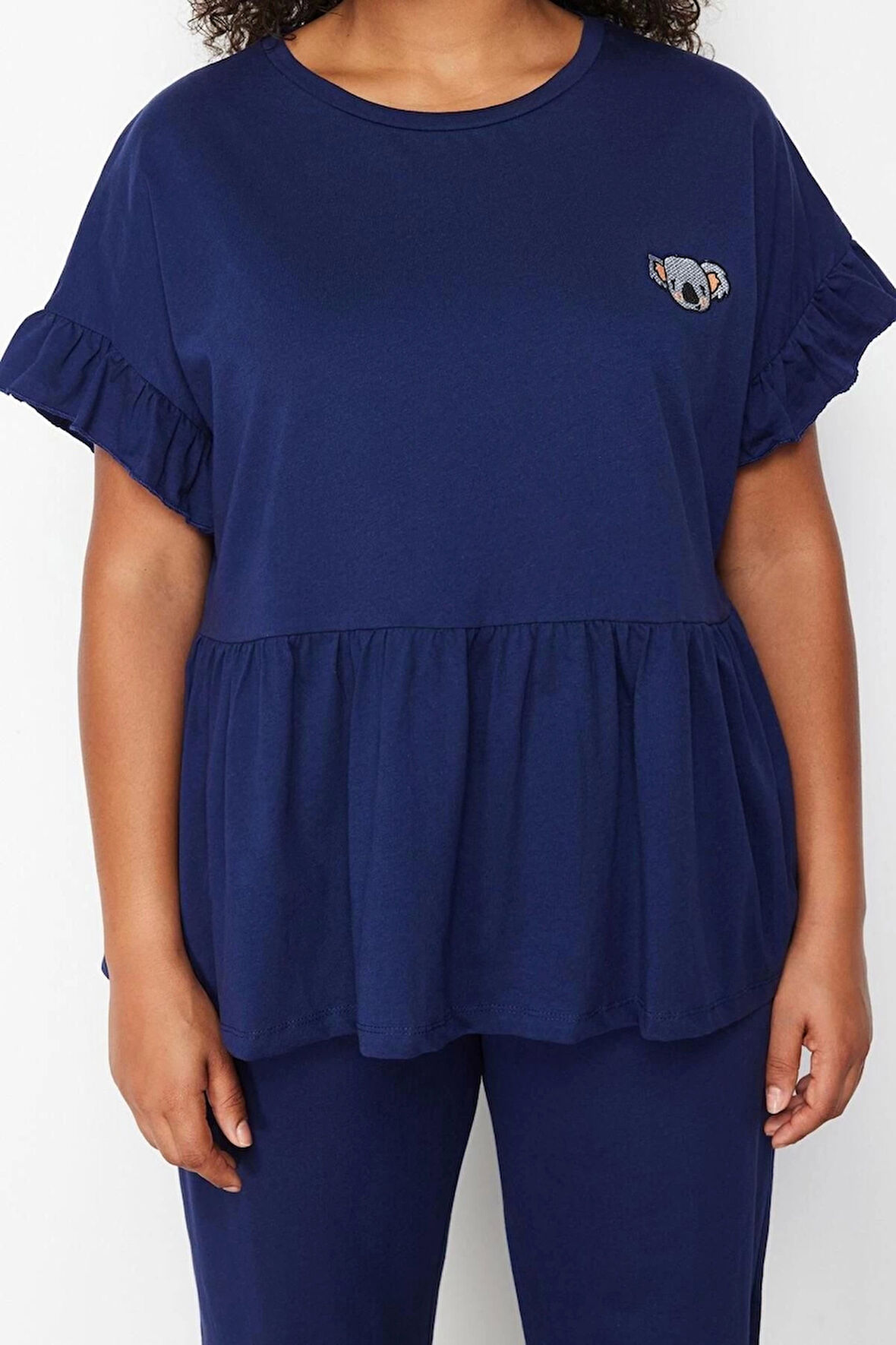 Büyük Beden Kadın Polyester Karışımlı Bisiklet Yaka Kısa Kol Örme Nakışlı Volanlı Pijama Takımı