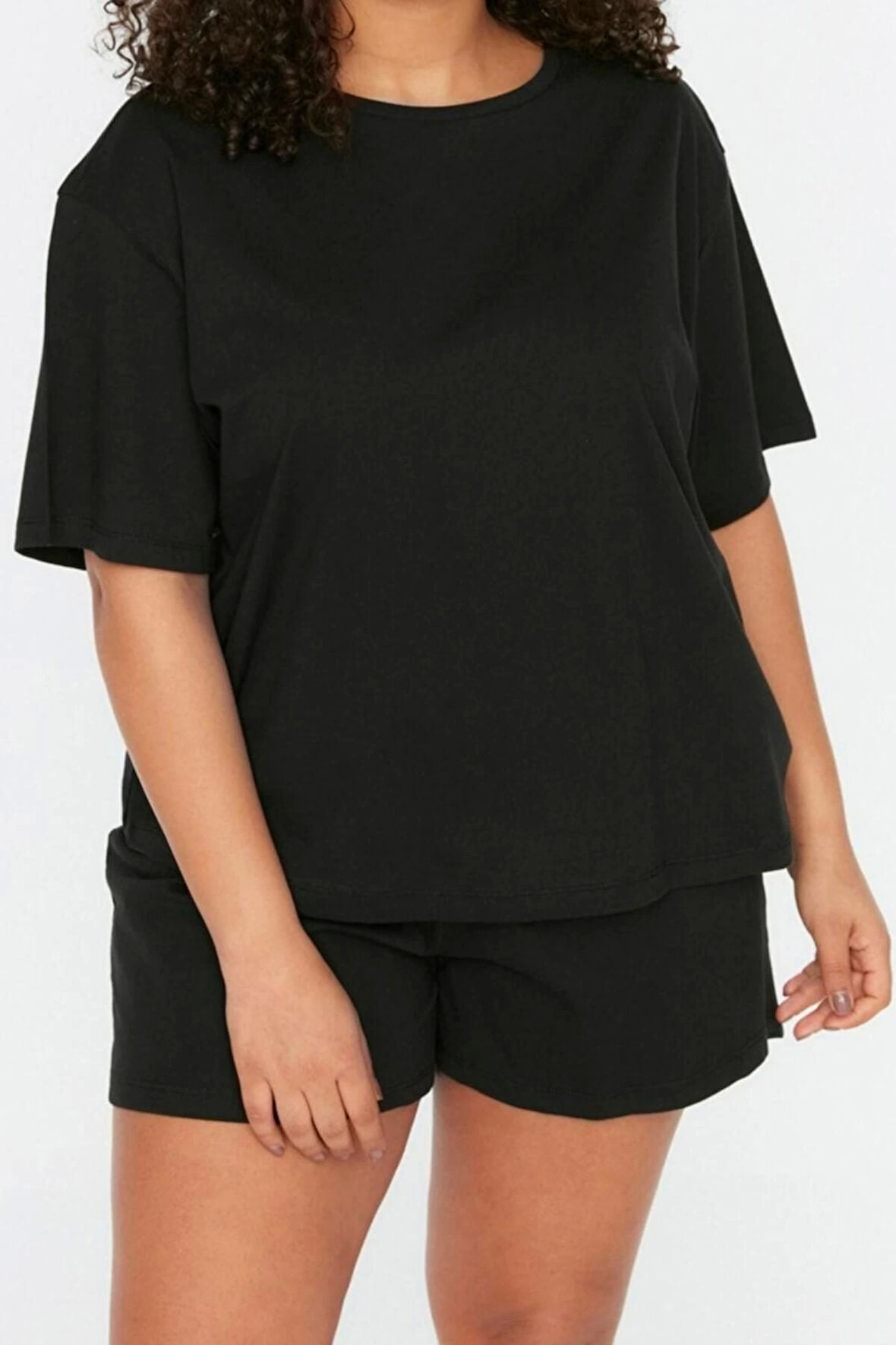 Büyük Beden Kadın Pamuklu Bisiklet Yaka Kısa Kol Bisiklet Yaka Örme Pijama Takımı