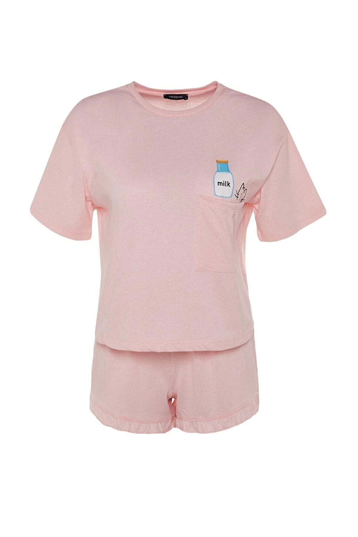 Kadın Pamuklu Bisiklet Yaka Kısa Kol Pamuklu Baskılı T-shirt-Şort Örme Pijama Takımı