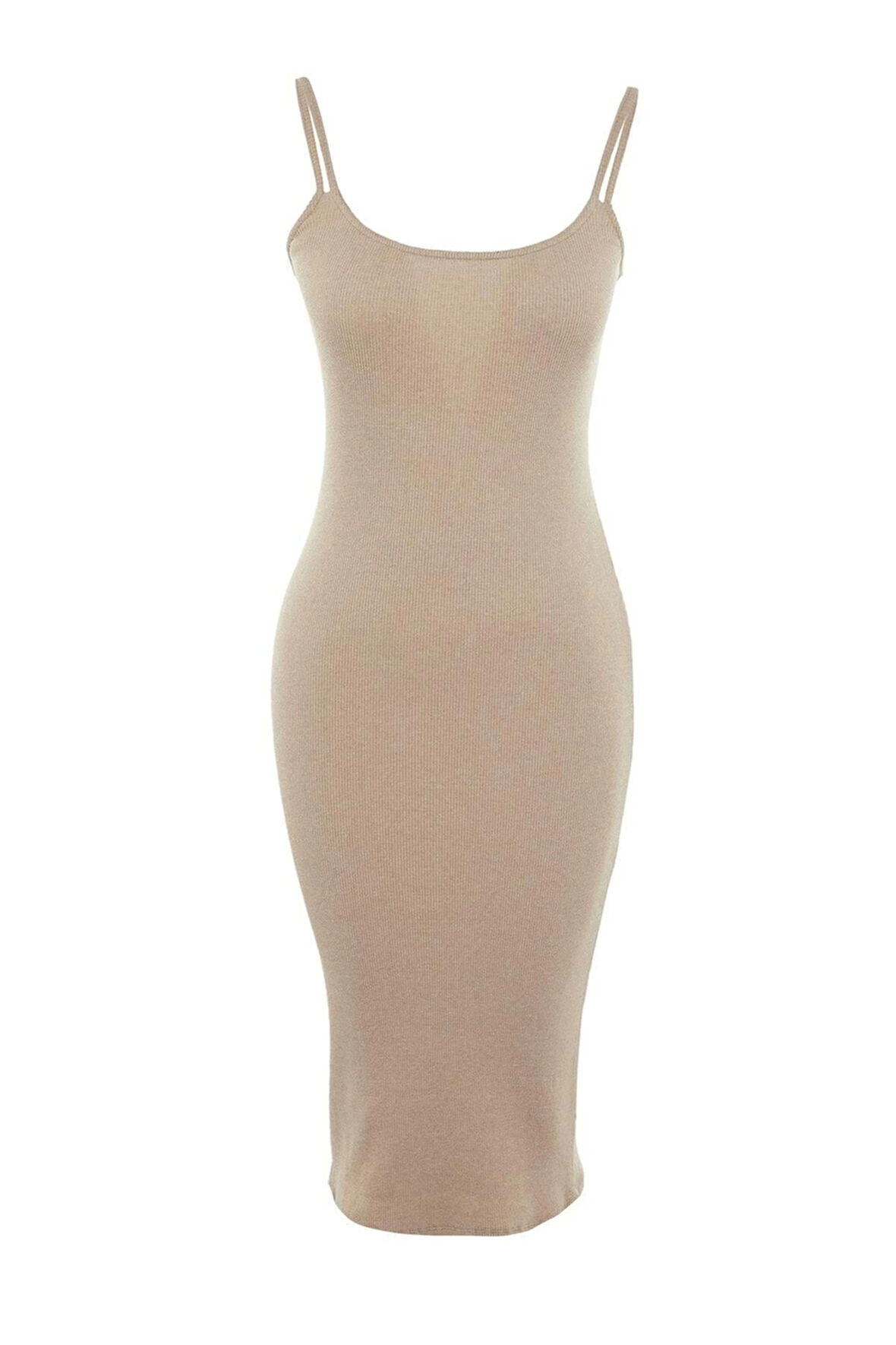 Yeni Slim Casual Günlük Kaşkorse Örme Havuz Yaka Askılı Kol Bodycone Midi Boy Elbise