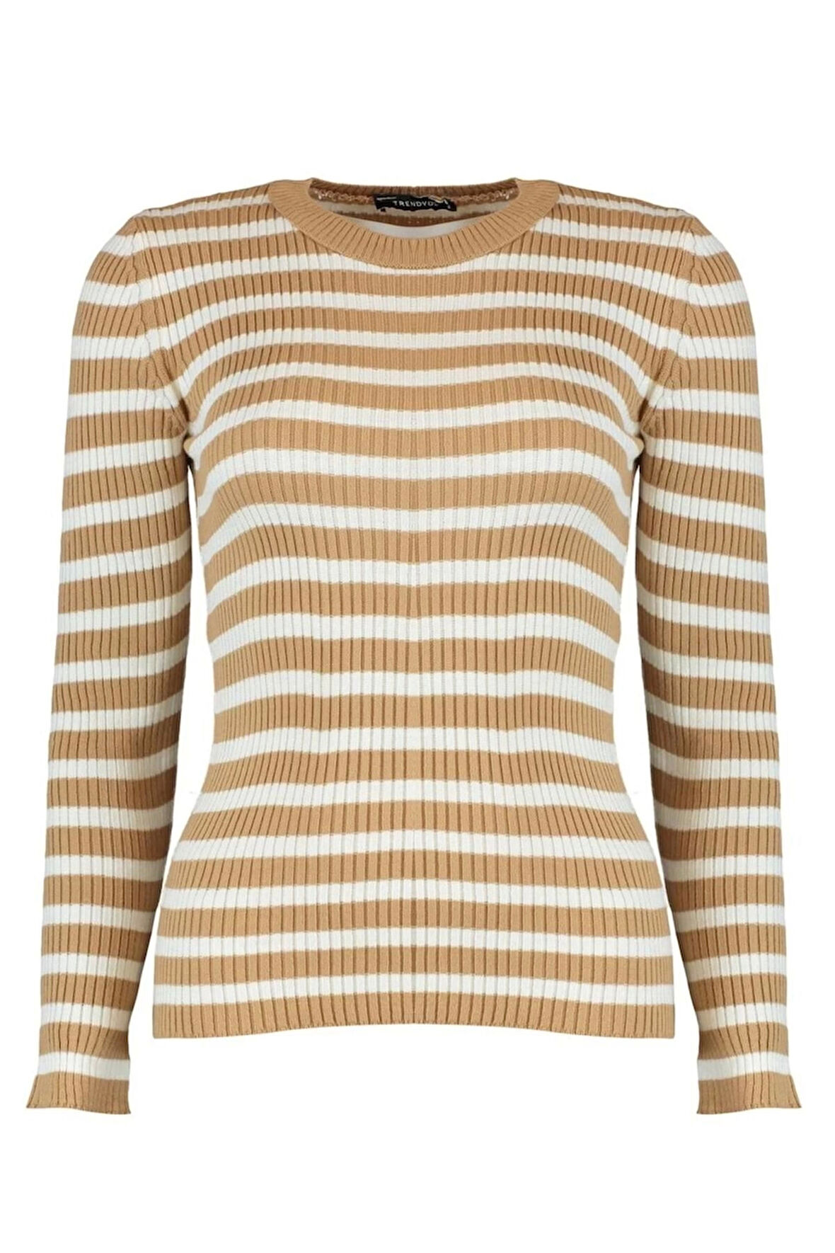 Kadın Moda Şık Regular Bisiklet Yaka Uzun Kol Çizgili Basic Triko Kazak