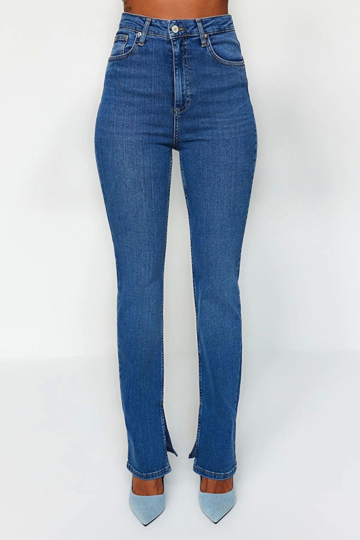 Kadın Moda Şık Kot Pantolon Boru Paça Uzun Boy Denim Yırtmaçlı Süper Yüksek Bel Slim Jeans