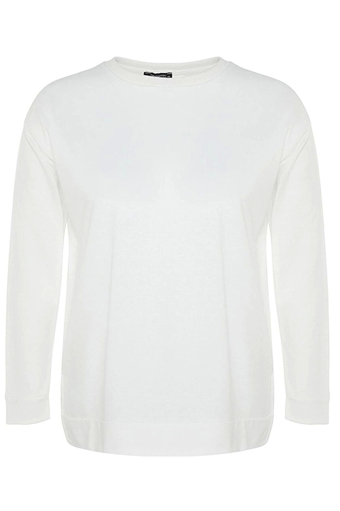 Kadın Büyük Beden Moda Şık Relaxed Bisiklet Yaka Düşük Kol Uzun Yırtmaç Detaylı İnce Örme Sweatshirt