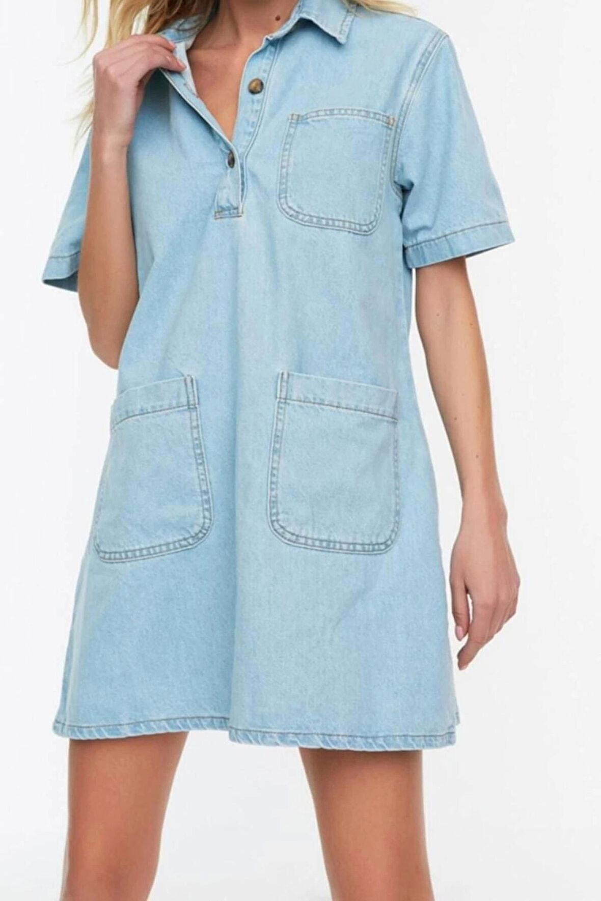 Yeni Regular Casual Günlük Rigid Denim Kare Yaka Kısa Kol Gömlek Elbise Mini Boy Elbise