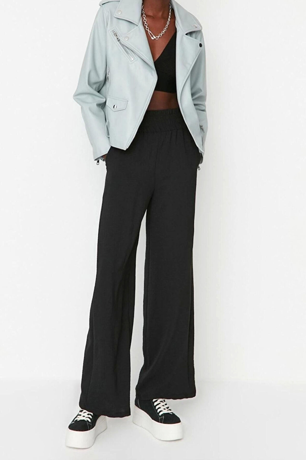 Kadın Yeni Moda Geniş Paça Uzun Boy Dokuma Wide Leg Geniş Paça Beli Lastikli Pantolon