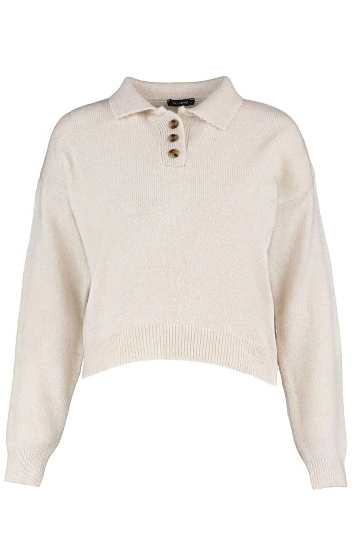 Kadın Moda Şık Regular Polo Yaka Uzun Kol Düz Yumuşak Dokulu Basic Triko Kazak