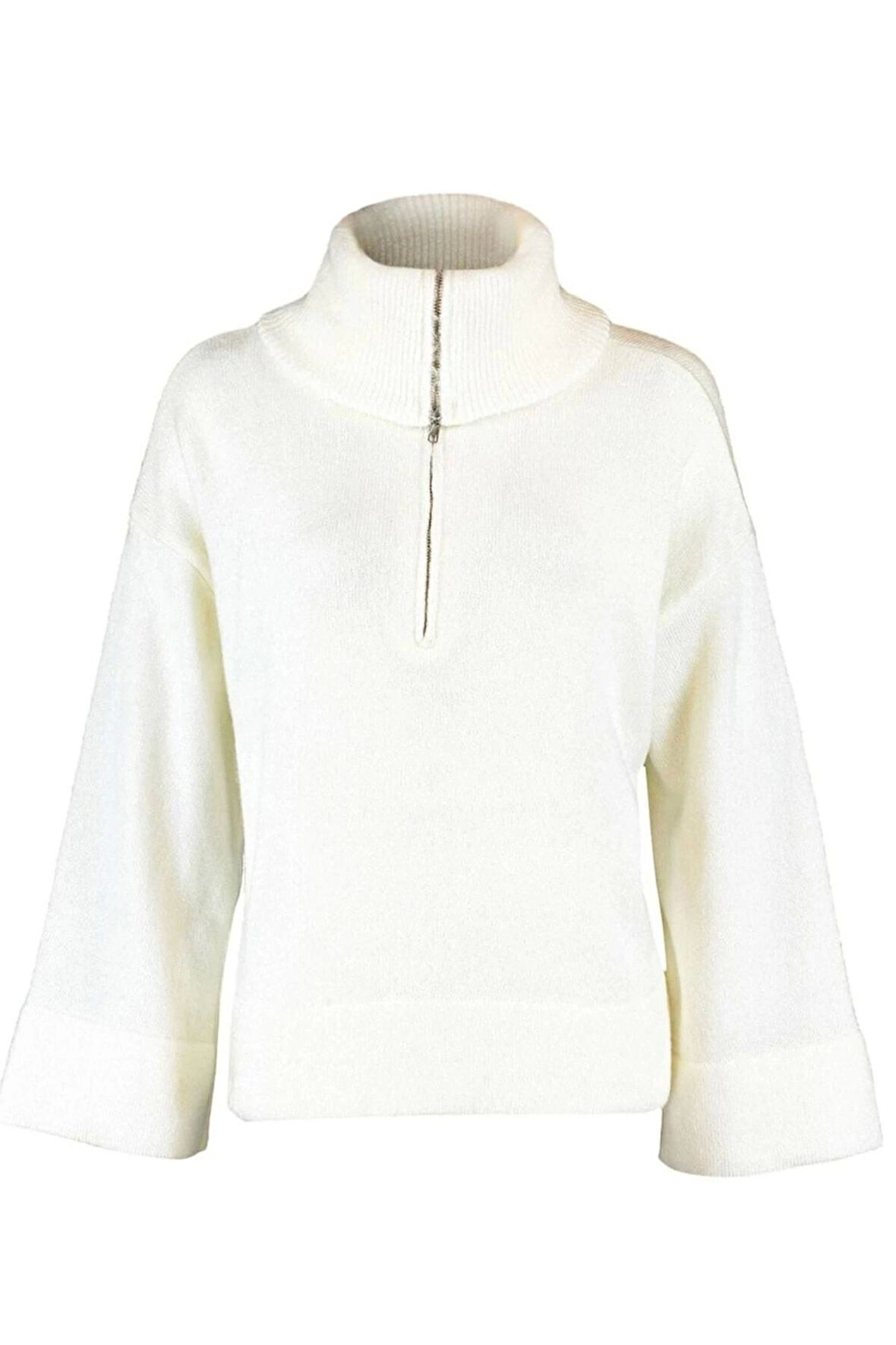 Kadın Moda Şık Regular Dik Yaka Uzun Kol Düz Geniş Kalıp Yumuşak Dokulu Fermuarlı Triko Kazak