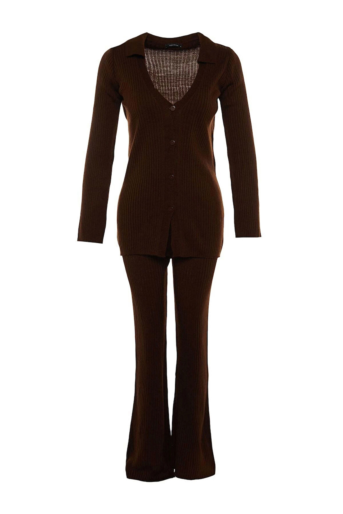 Kadın Moda Şık Geniş Paça Regular Boy Uzun Kollu Basic Polo Yaka Triko Alt-Üst Takım