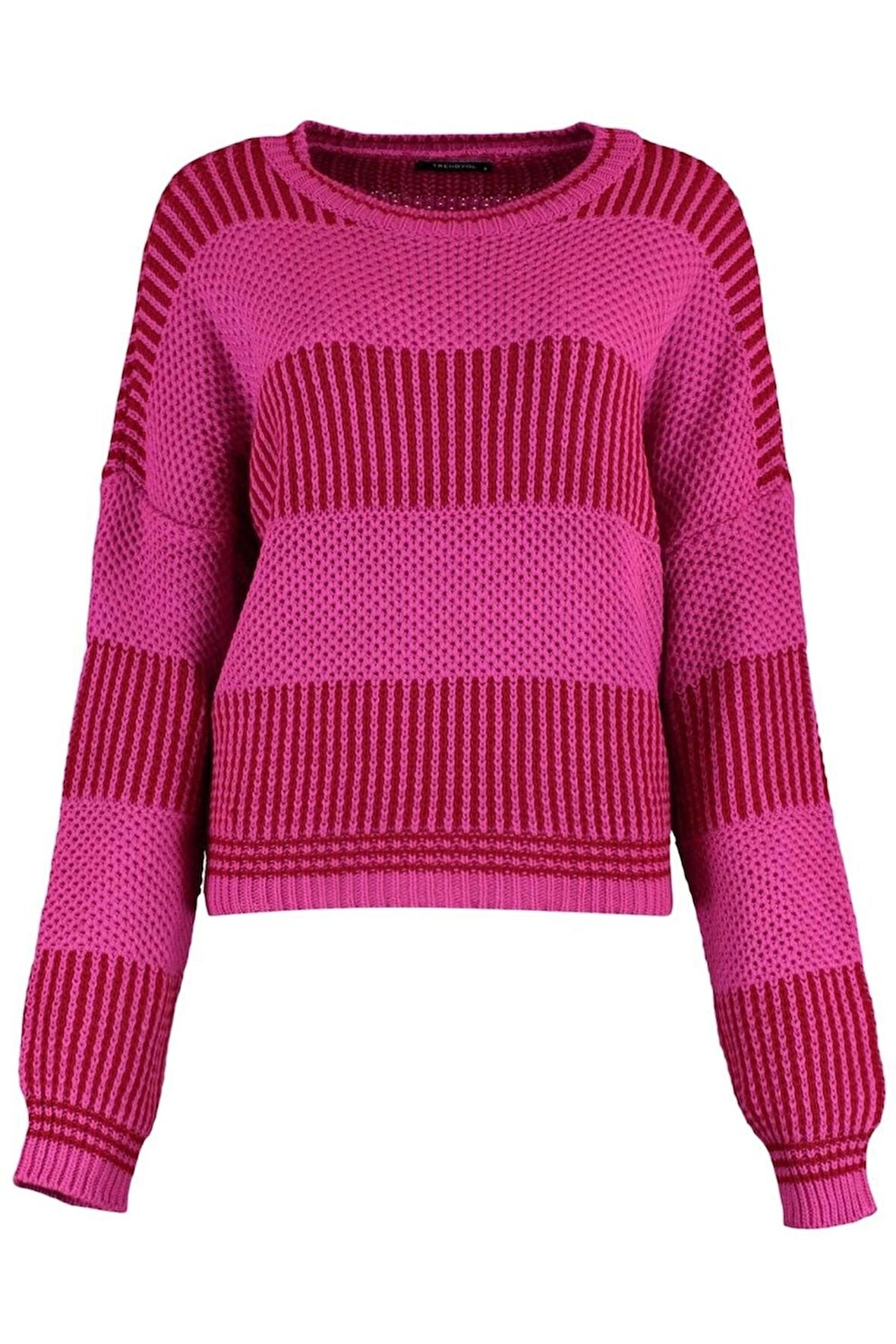 Kadın Moda Şık Regular Bisiklet Yaka Uzun Kol Renk Bloklu Geniş Kalıp Triko Kazak