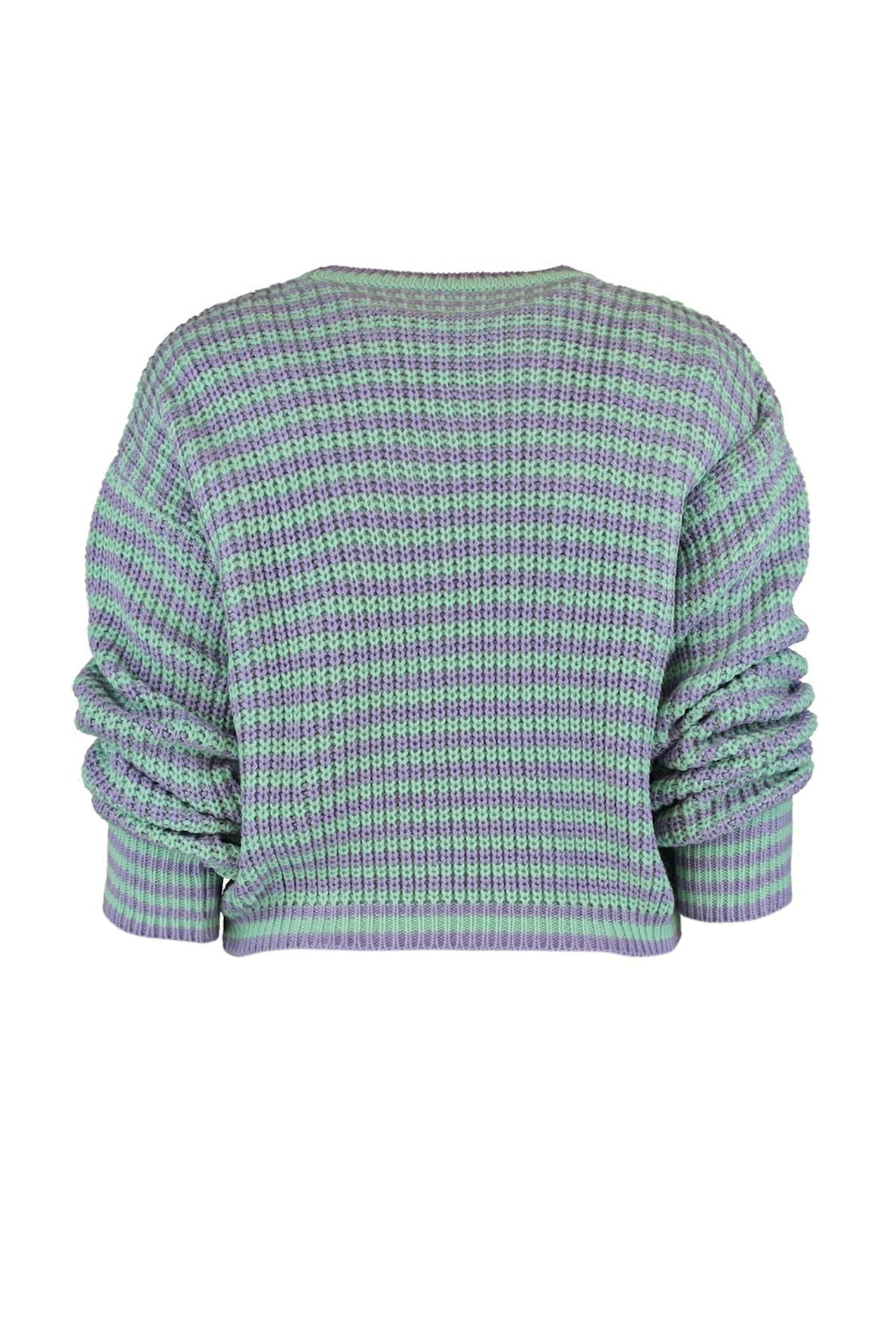 Kadın Moda Şık Bisiklet Yaka Standart Kol Crop Çizgili Triko Kazak
