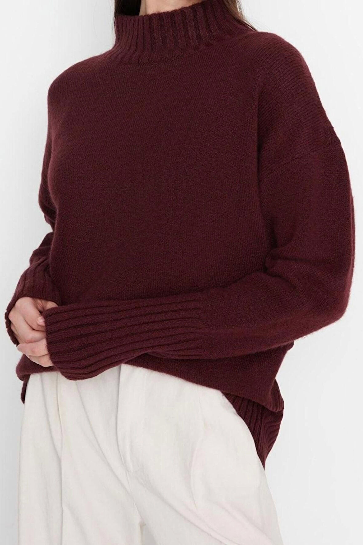 Kadın Moda Şık Dik Yaka Reglan Kol Regular Geniş Kalıp Yumuşak Dokulu Basic Triko Kazak