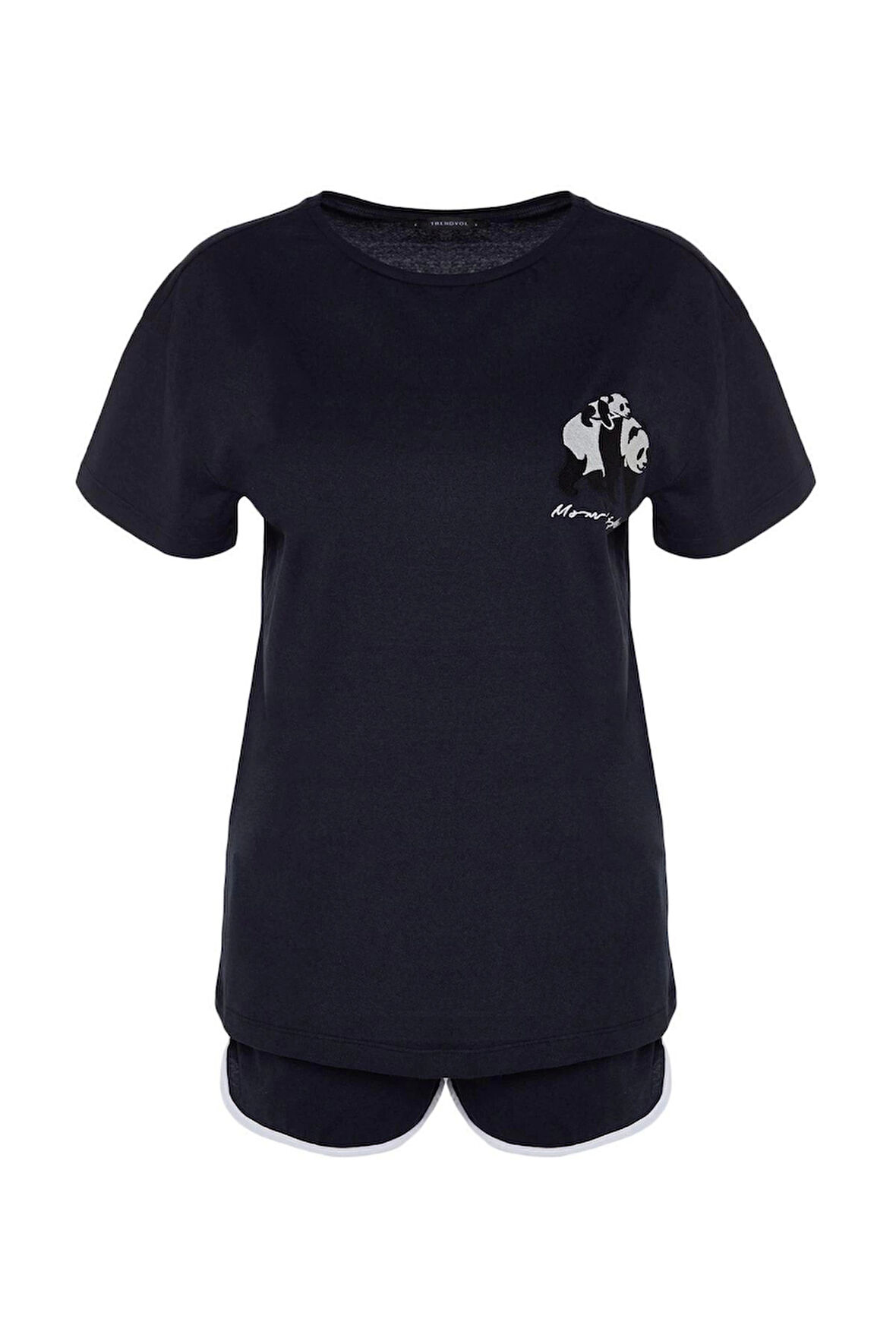 Kadın %100 Pamuk Bisiklet Yaka Kısa Kol %100 Pamuk Panda Baskılı Atlet-Şort Örme Pijama Takımı