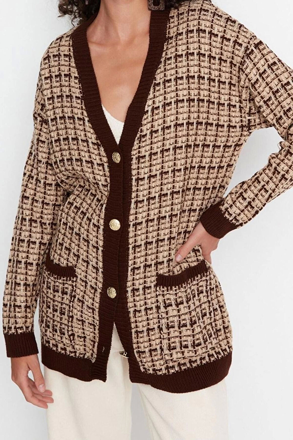 Kadın Moda Şık Midi V Yaka Uzun Kol Dokulu Geniş Kalıp Tüvit Görünümlü Simli Triko Hırka