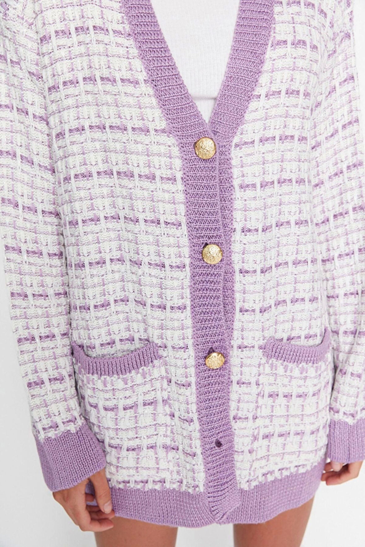 Kadın Moda Şık Midi V Yaka Oversize Geniş Kalıp Tüvit Görünümlü Simli Triko Hırka