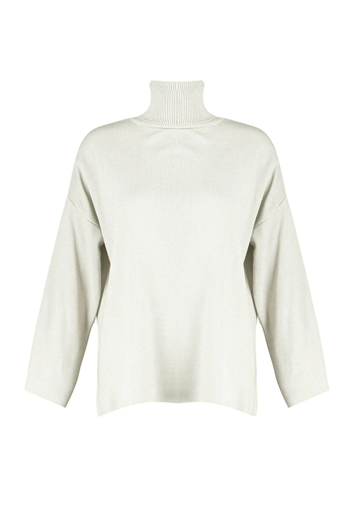 Kadın Moda Şık Balıkçı Yaka Standart Kol Regular İndigo Geniş Kalıp Basic Triko Kazak