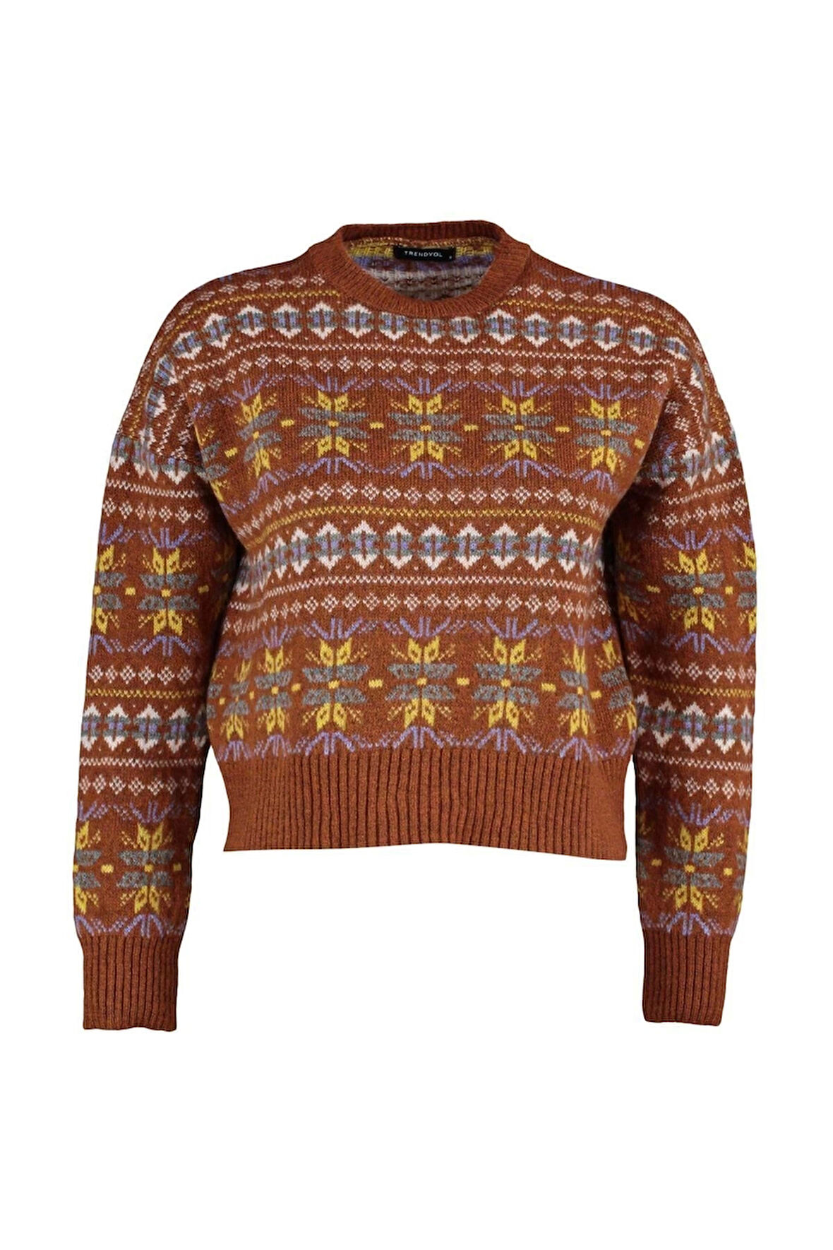 Kadın Moda Şık Bisiklet Yaka Standart Kol Regular Geniş Kalıp Yumuşak Dokulu Desenli Triko Kazak