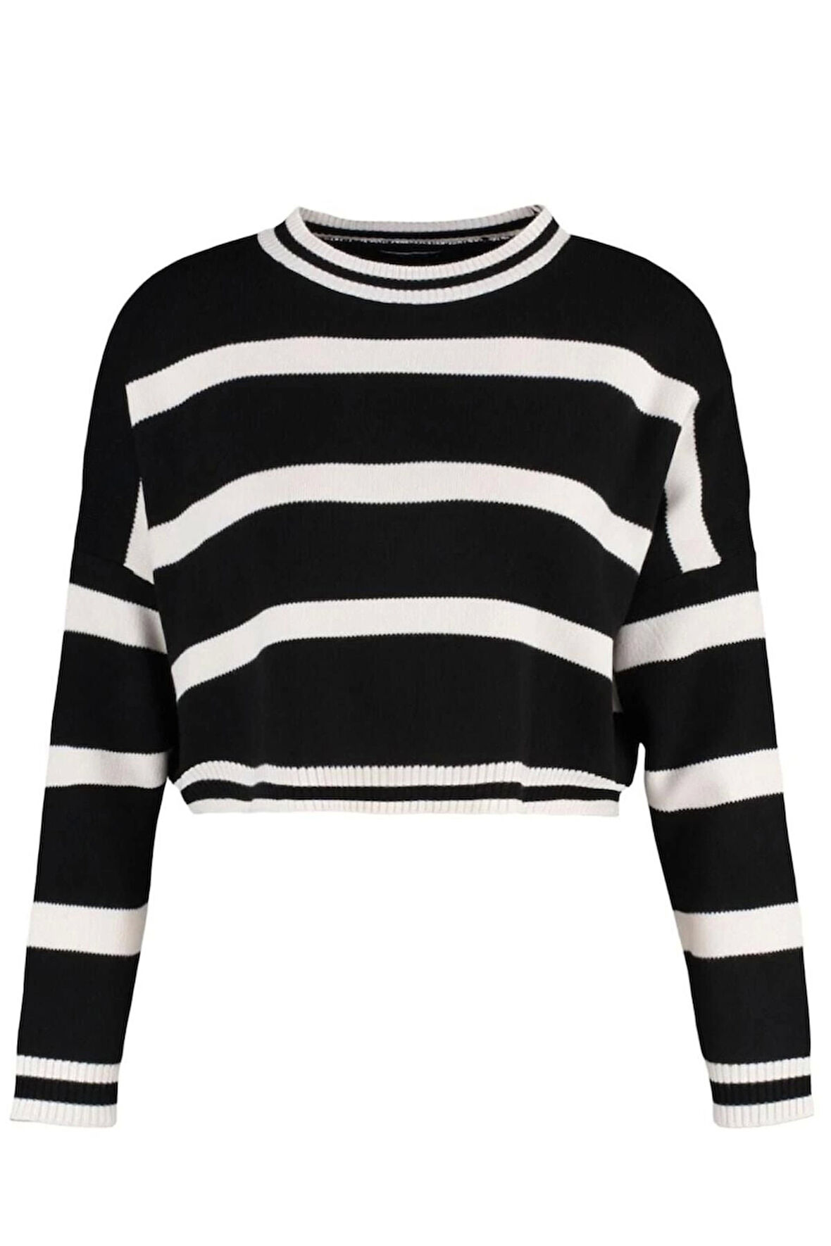 Kadın Moda Şık Crop Bisiklet Yaka Uzun Kol Çizgili Crop Triko Kazak