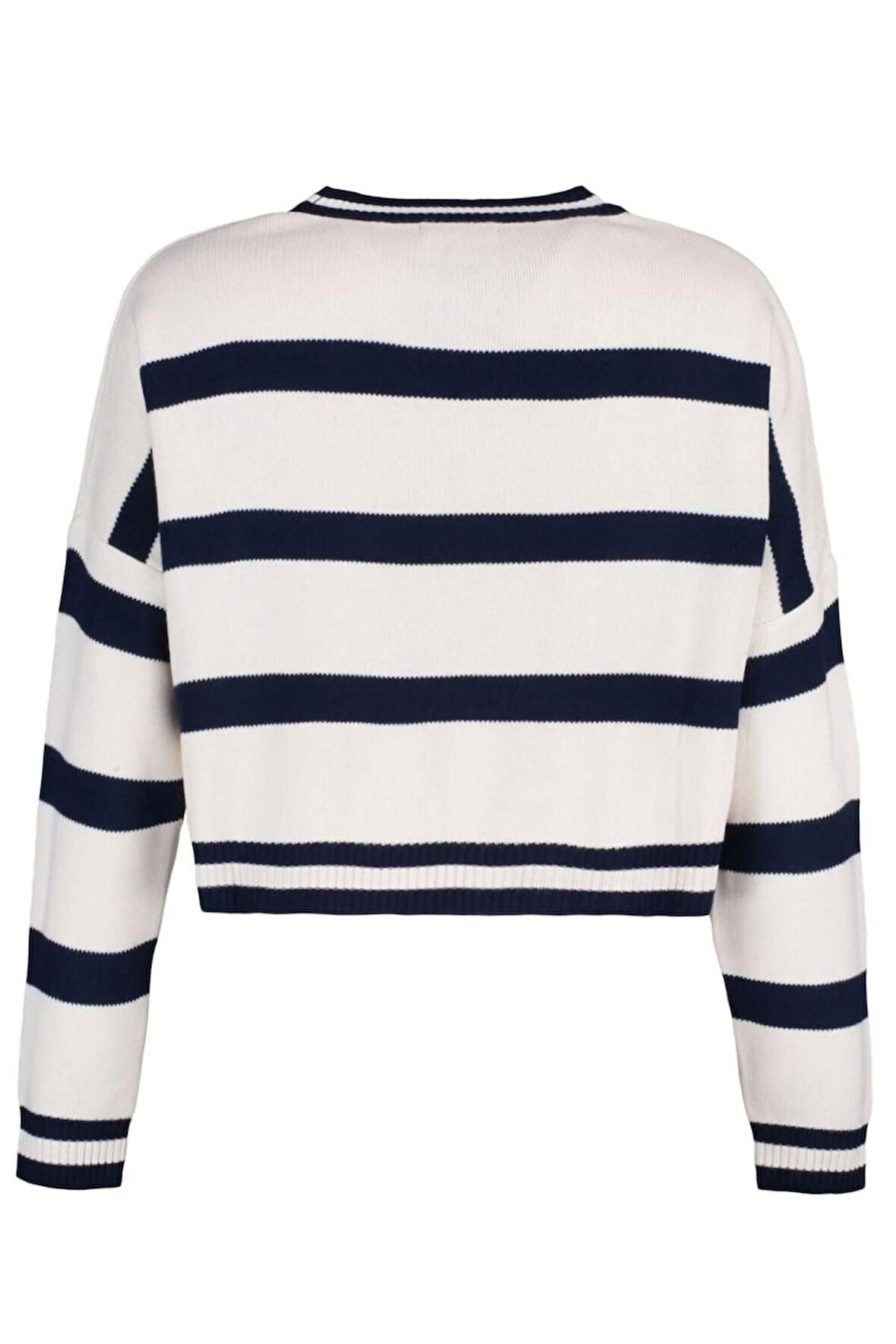 Kadın Moda Şık Crop Bisiklet Yaka Uzun Kol Çizgili Crop Triko Kazak