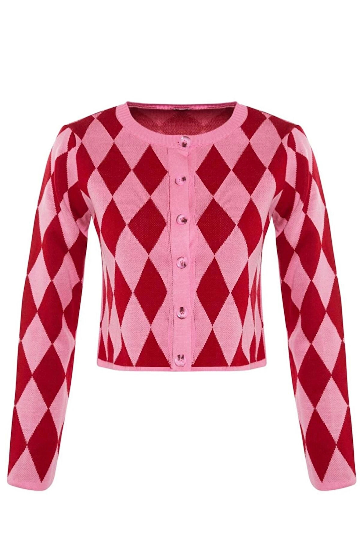 Kadın Moda Şık Crop Bisiklet Yaka Slim Crop Desenli Jakarlı Ceket Görünümlü Triko Hırka