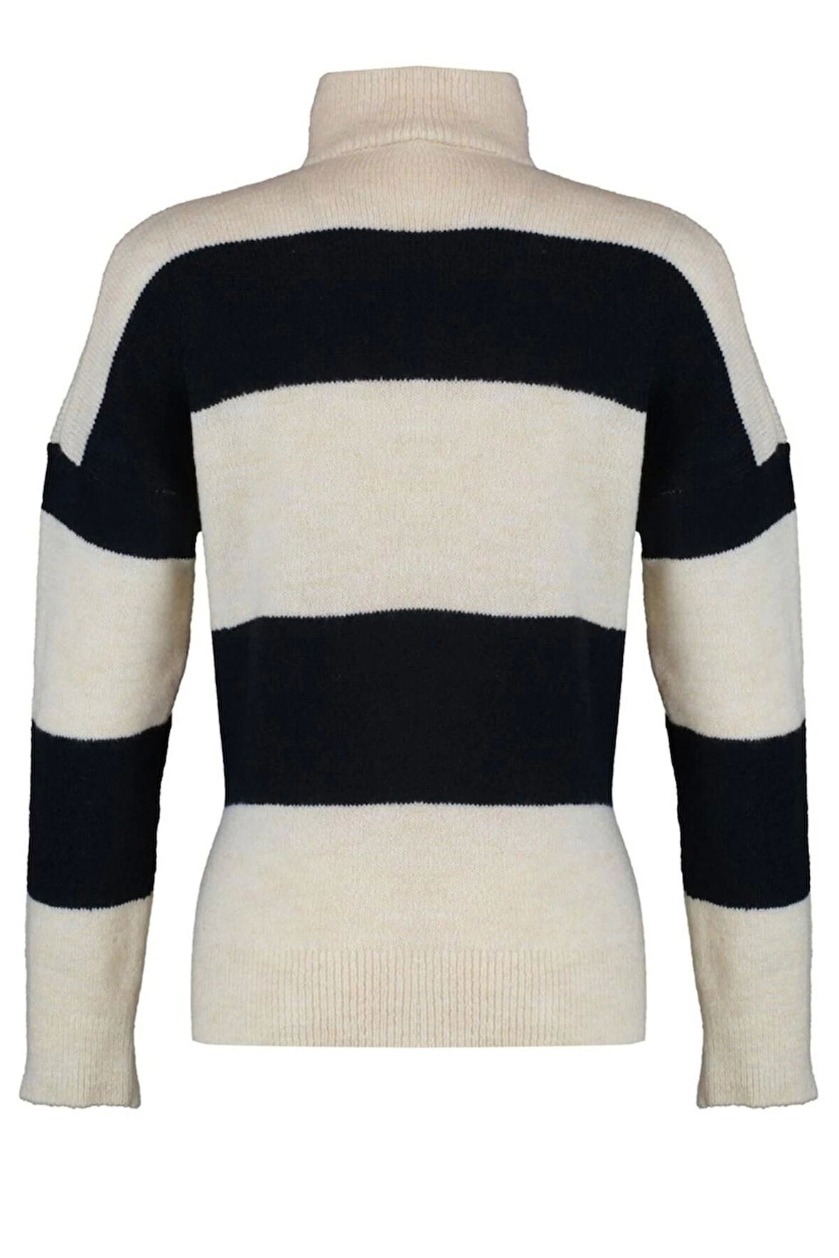 Kadın Moda Şık Regular Dik Yaka Uzun Kol Çizgili Geniş Kalıp Yumuşak Dokulu Fermuarlı Triko Kazak