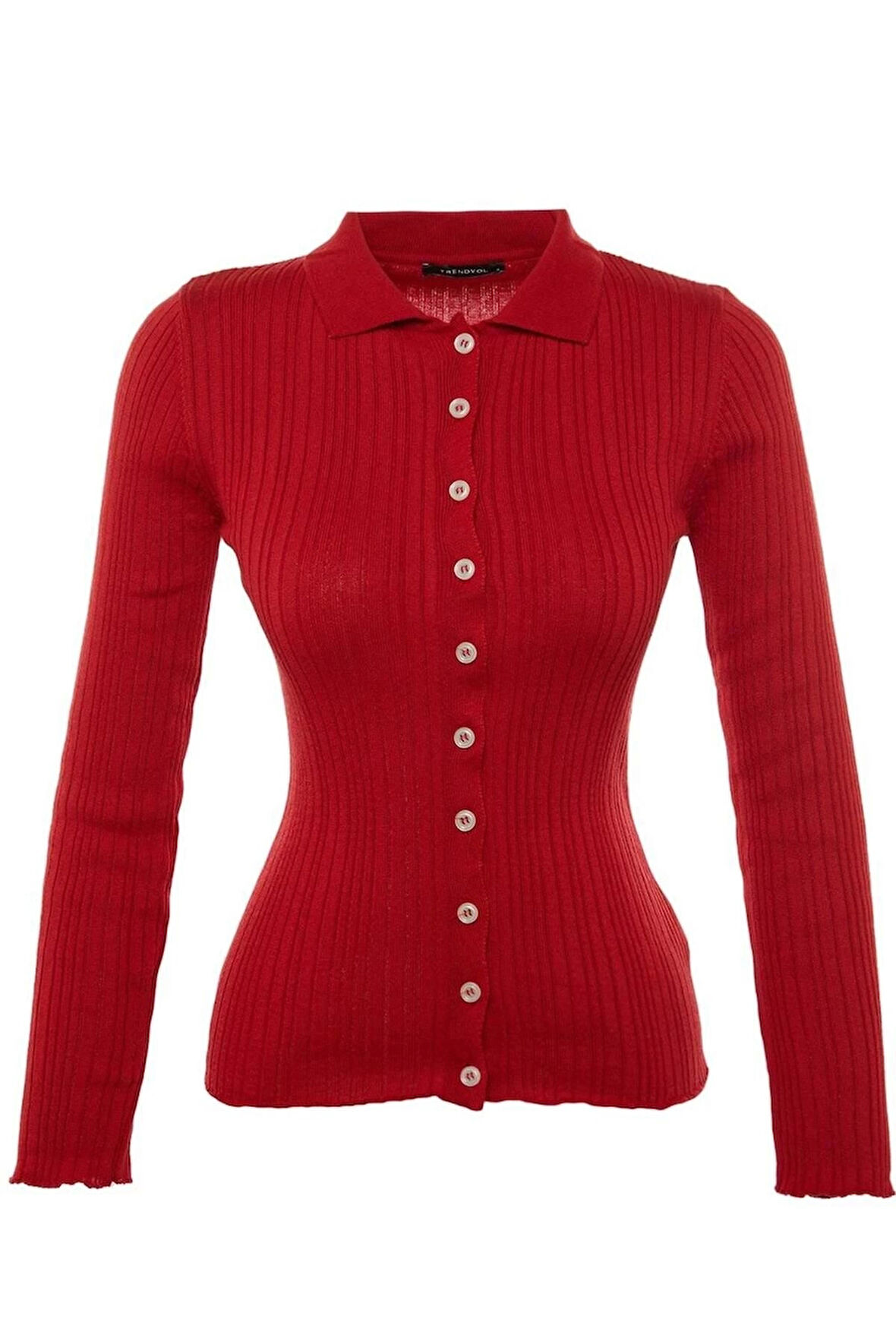 Kadın Moda Şık Regular Polo Yaka Slim Fitilli Polo Yaka Triko Hırka