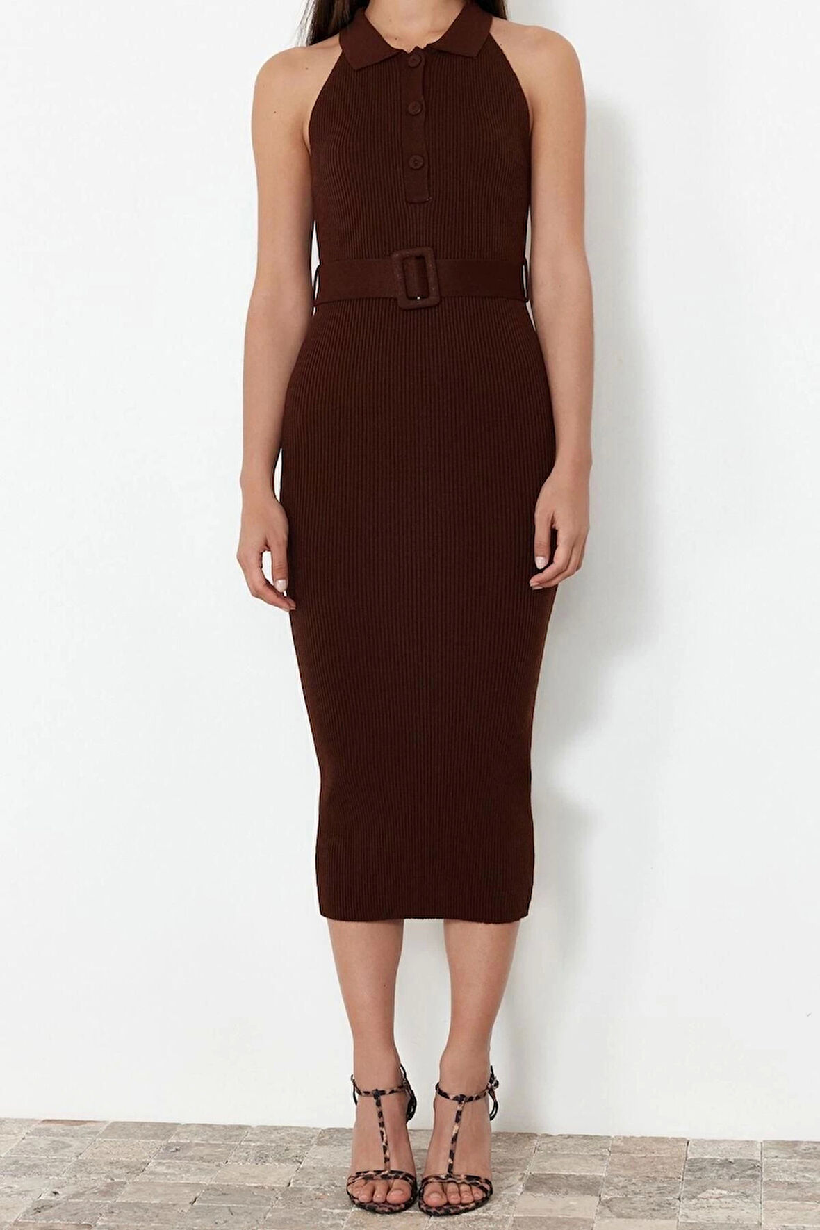 Yeni Slim Casual Günlük Çift Plaka Triko Polo Yaka Kolsuz Kol Bodycone Midi Boy Elbise