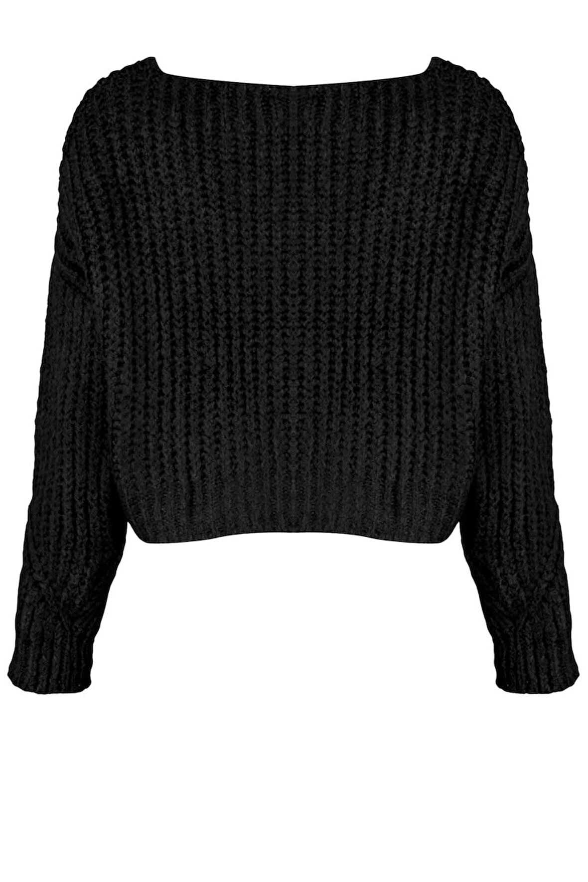 Kadın Moda Şık Crop V Yaka Regular Crop Yumuşak Dokulu Triko Hırka