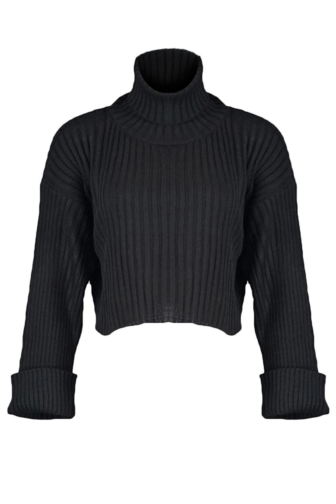 Kadın Moda Şık Crop Balıkçı Yaka Uzun Kol Düz Crop Basic Triko Kazak