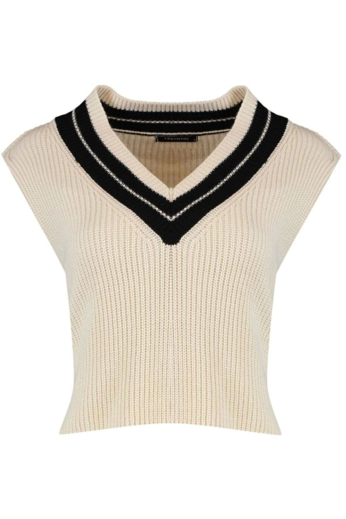 Kadın Moda Şık Crop V Yaka Kolsuz Renk Bloklu Crop Triko Süveter