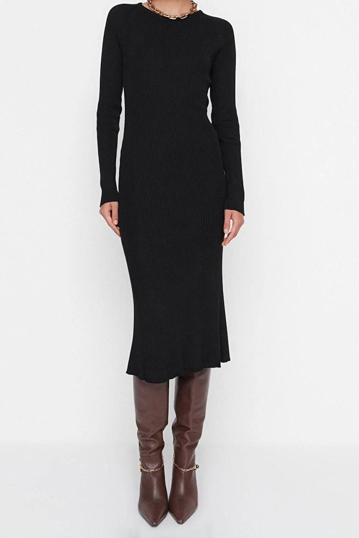 Yeni Slim Casual Günlük Dolu İğne Triko Bisiklet Yaka Uzun Kol Bodycone Midi Boy Elbise