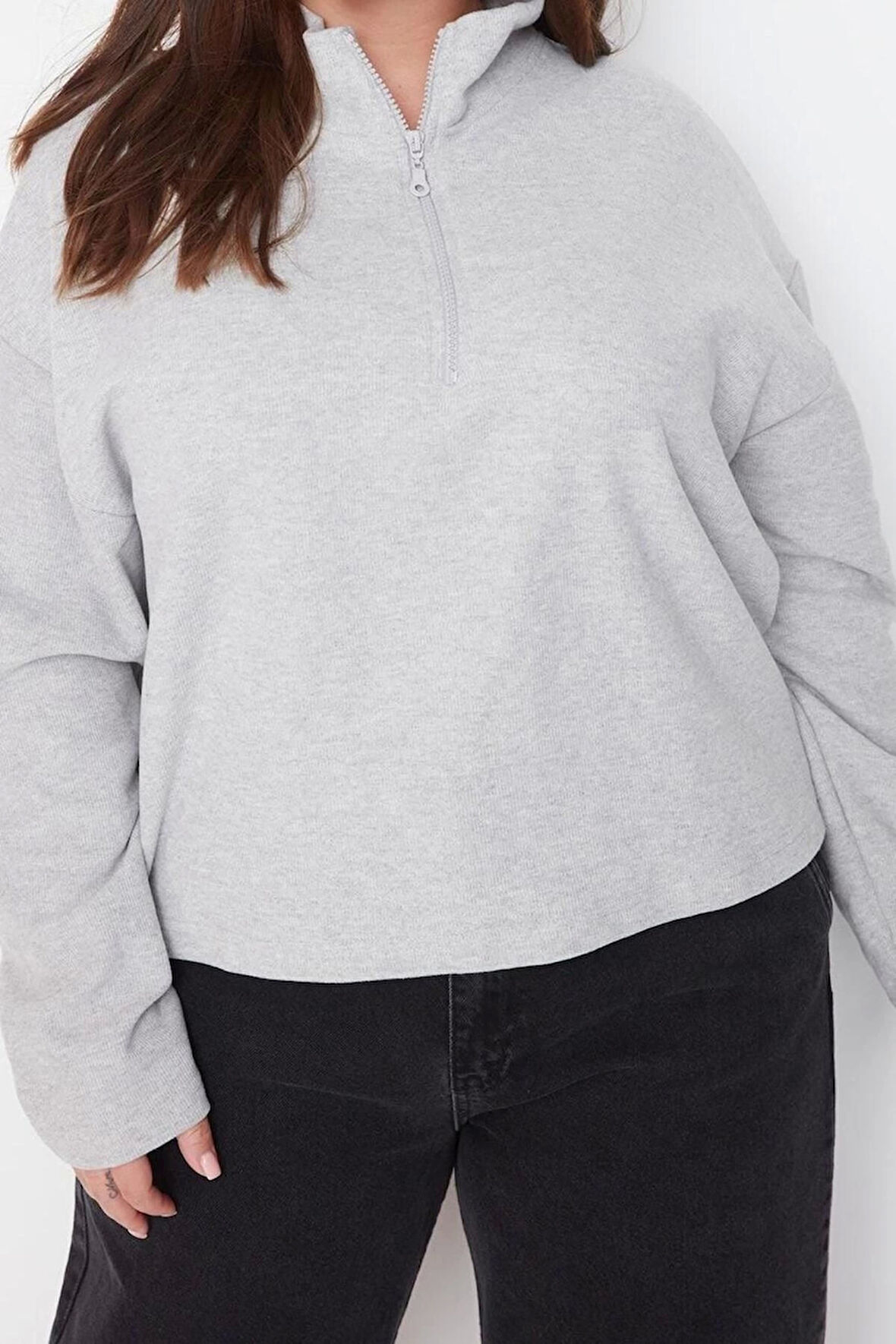 Kadın Büyük Beden Moda Şık Regular Dik Yaka Düşük Kol Crop Sweatshirt